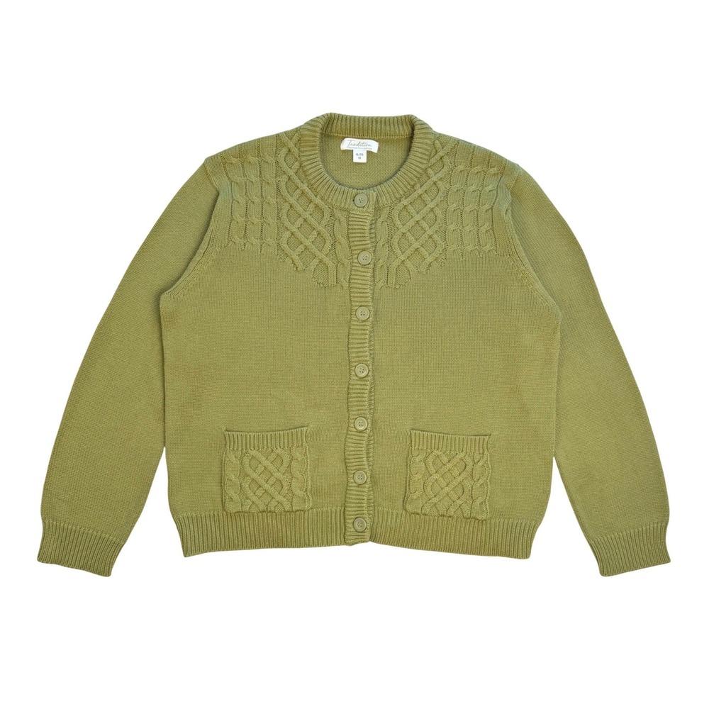 Tradition Country Collection Cardigan Sweater Cable Knit Pocket Olive Green XL i